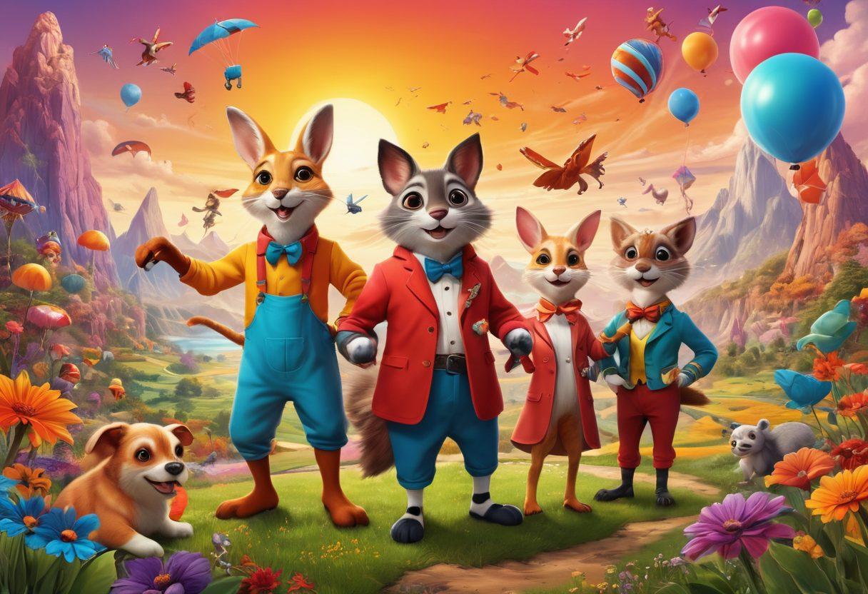 A whimsical scene depicting colorful, humorous characters engaged in playful antics, set against a vibrant fantasy landscape. Incorporate elements of adult humor, perhaps with exaggerated expressions and quirky props like oversized comic books and playful animals. The characters should be diverse in appearance, showcasing a blend of different styles and uniforms. Use bold, bright colors to convey a sense of joy and fun. 3D art style. vibrant colors.