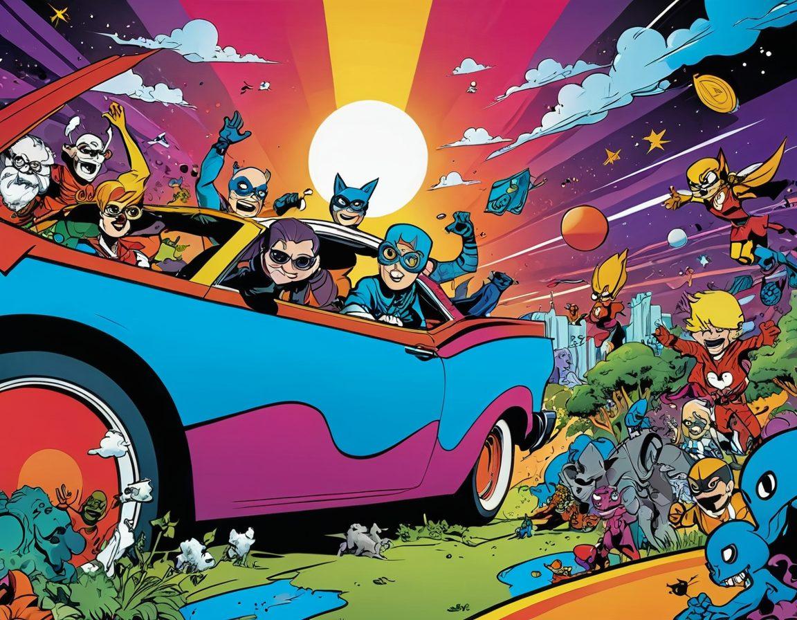 A whimsical scene showcasing a colorful 3D comic book world, filled with playful characters and humorous situations, featuring exaggerated expressions of joy and laughter. Emphasize vibrant hues and light-hearted interactions, with elements of adult humor subtly integrated into the playful designs. The background should be a lively, comic-style landscape, enticing readers into exploration. Bright colors and engaging dynamics take center stage. 3D. vibrant colors. comic book style.