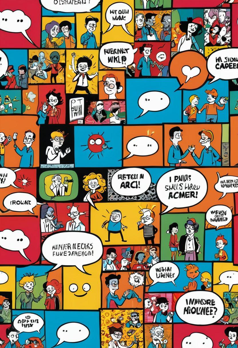 A vibrant and humorous collage featuring whimsical comic characters enjoying animated scenes, with playful adult humor elements sprinkled throughout. Include speech bubbles with witty jokes, bold colors, and a lively backdrop showcasing a mix of classic and modern animation styles. Emphasize the intersection of comics and animation in a fun, engaging way. cartoon style. bright colors. lively atmosphere.